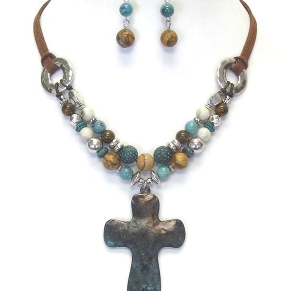 Hammerd metal cross and multi ball mix chain necklace set. Handmade